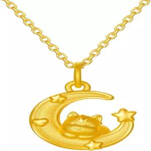 저우 리우 푸 24K 솔리드 골드 펜던트 말 퓨어 유니콘 스타 달 매력 여성용 귀여운 보석 딸의 새해 생일