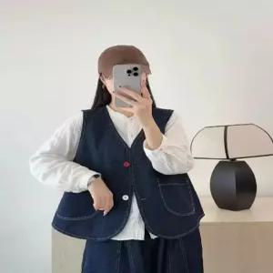 미니코코네 여자 조끼 캐주얼 솔리드 데님 빈티지 브이넥 싱글 민소매 톱 DOS1