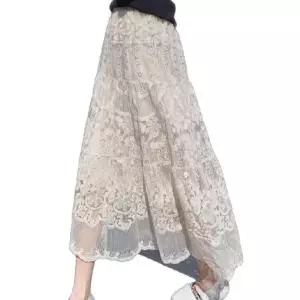 여성레이스치마 아일렛 레이스스커트 여름 펀칭 롱스커트 데일리 면 플레어 캐주얼 A라인