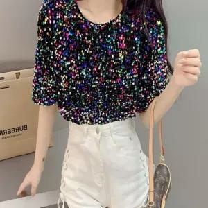 라인 반팔 댄스복 반짝이 상의