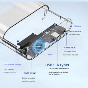 티쉬릭 RGB 투명 외장 하드 드라이브 케이스 3.5 2.5 SATA to USB C 타입-C 어댑터 SSD 디스크 HDD 팬 쿨러