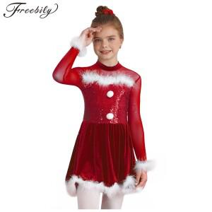 크리스마스 코스튬 반짝이는 스팽글 긴팔 발레 댄스 투투 원피스 피겨 스케이팅 공연 댄스웨어