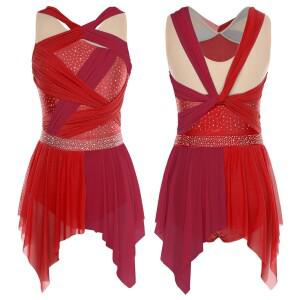 여자 발레 라틴 댄스 공연 드레스 메쉬 셔링 트위스트 매듭 불규칙한 밑단 민소매 레오타드 댄스웨어