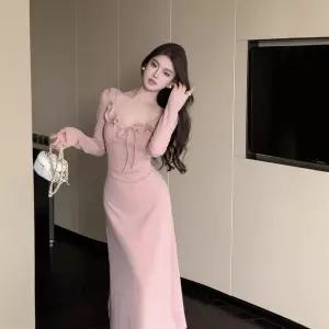 엘럽 치마 원피스 가을 여자 분홍 롱 조임 쉬폰 스트랩 브이넥 힙 긴팔 세미 슬림핏 프릴 원템3