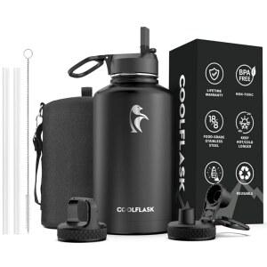 빨대와 뚜껑 3개로 단열 처리된 64온스 물병 스포츠 체육관 또는 사무실을 위한 쿨플라스크 대형 금속 스테인리스 스틸 큰 반 갤런 와이드 입구 비 BPA로 차가운 상태 유지 48시간 핫 24시간 매직 블랙