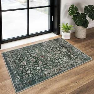 KUTA 빈티지 플로럴 입구 러그 2x3 주방 미끄럼 방지 세탁 가능한 던지기 다크 그린 초박형 소프트 프린트