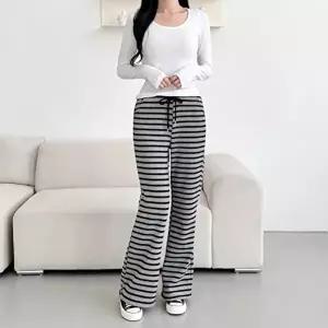 [옷자락]여자 부드러운 양털 스트라이프 와이드 부츠컷 밴딩 팬츠