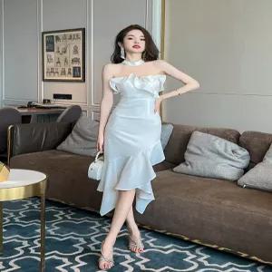 여성원피스 봄여름 홀터넥 오프숄더 프릴 슬림 언발란스 머메이드 원피스 심쿵직구