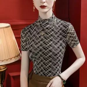 여성티셔츠 봄가을 하이넥 망사 프린트 레깅스 반팔 슬림 이너 상의 코디 심쿵해외구매