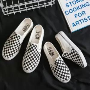 남성 슬립온 남자 화이트 체크 체크단화 캔버스화 뮬 슬립온 뮬단화 캔버스단화