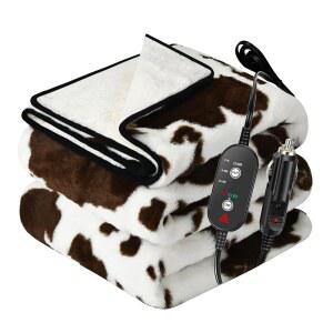 시노 살렉티드 카우 프린트 열선 자동차 던지기 담요, 12/24볼트 전기 담요 업데이트, 3가지 난방 수준 및 4시간 자동 꺼짐, 자동차, 트럭, SUV, RV 캠핑용 휴대용 세탁 가능