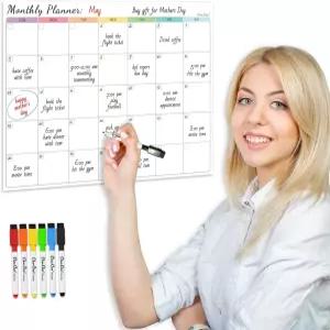 냉장고용 비자성 드라이 이레이즈 캘린더 - 재사용 가능한 월간 스틱 6개의 마커 포함 플랫 배송