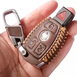 메탈 키체인이 장착된 하우티안 빈티지 가죽 키 포브 커버 메르세데스-벤츠 스마트 키와 호환
