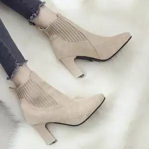 앵클 힐 부츠 스웨이드 미들굽 기모안감 니트 발목 여자가을신발 앵글부추 발목부츠