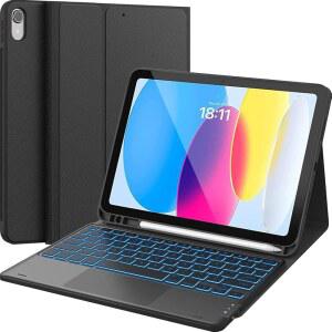 키보드가 장착된 10세대 케이스 7가지 컬러 백라이트 멀티터치 트랙패드 펜슬 홀더가 장착된 플립 스탠드 케이스 (A16) 11세대/10세대용 무선 채널 2개(2025/2022) 블랙