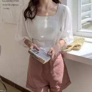 [의류] 사각넥 시폰 슬리브하프티 뜨개탑 올데이 강조 니트립 포인트쉬폰