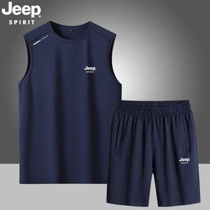 JEEP SPIRIT 여름 순면 민소매 조끼 반바지 남성 러닝 조끼 투피스 트레이닝복