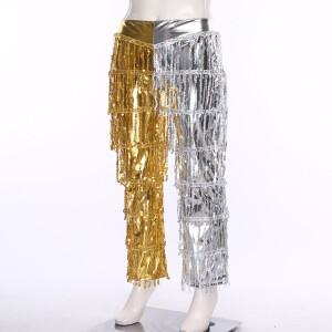 여성 메탈릭 70대 디스코 라틴 댄스 롱 팬츠 티어드 스팽글 태슬  블록 반짝이는 바지 탱고 차차