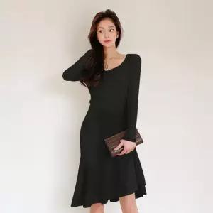 니트 원피스 스커트 여성용 쉬폰 스트링 셔링 프릴 여자스판 봄가을 머메이드 브이넥 CH1