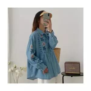 무지 데님 셔츠 여성 블라우스 가을 빈티지 긴팔 복 꽃자수 admr3