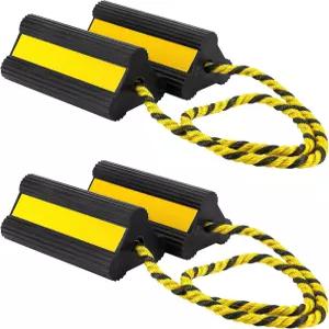 RV 트레일러용 2쌍 헤비 듀티 휠 초크 고무 스토퍼 앞뒤 듀얼 블록 나일론 로프 반사 테이프가 있는 미끄럼