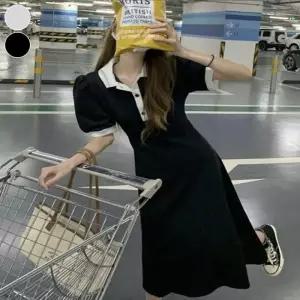 여자 반팔 배색 원피스 롱 퍼프소매 러블리 카라