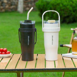 TTN COFFEE 1.25L 대용량 핸들 거치대 텀블러 스텐빨대 솔포함 이중진공 보온 보냉 스텐 콜드컵