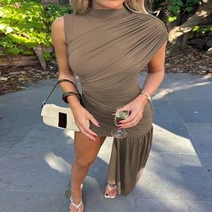 Balitops 여름 Draped Ruched 섹시한 미니 드레스 여성 2025 새로운 불규칙한 높은 허리 슬림 맞는 드레스 여성 우아한 클럽 탱크 드레스