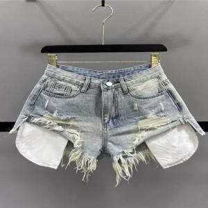 HOUZHOU 여성용 빈티지 찢어진 데님 반바지 블루 섹시한 한국 Y2k 반바지 Gyaru 하이 웨이스트 streetwear 짧은 청바지 미학