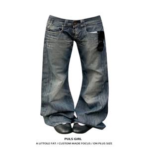 아메리칸 스타일 대형 사이즈 여성용 청바지 레트로 워싱 디자인 루즈한 멜빵바지 스트레이트 레그 롱 팬츠 캐주얼 패션