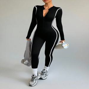 스트라이프 컬러 블록 스탠드업 칼라 요가 바디수트 야외용 빠른 건조 원피스 스포츠웨어 압박 피트니스 웨어