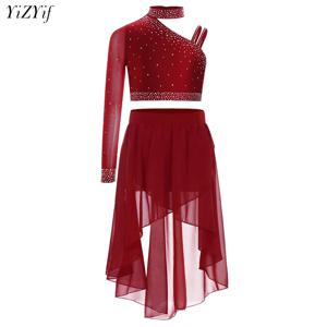 여자 서정적 댄스 의상 반짝 이는 라인 석 발레 현대 댄스 탑 스커트 세트 피겨 스케이팅 드레스 공연 의상