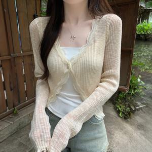 레이스 트림 원 버튼 긴 소매 자르기 탑 여성 반팔 오픈 프론트 립 니트 카디건 스웨터 여름 Fairycore 복장