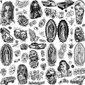 6 시트 Chicano 남성 여성을위한 임시 문신 성인, Chicana Guadalupe 갱스터 가짜 문신 할로윈 죽은 멕시코의 날