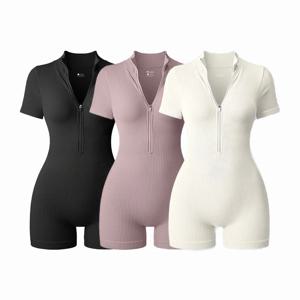 2025 요가 점프 슈트 여름 짧은 소매 지퍼 스포츠 착용 체육관 피트니스 스포츠 바디 슈트 여성 패션 러닝 요가 피트니스 슈트