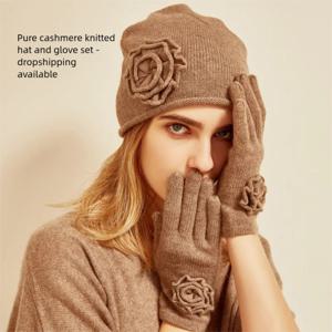2025 100% 캐시미어 손뜨개 꽃무늬 니트 장미 순수 캐시미어 장갑 모자 야외용 투피스 세트 크리스마스 선물