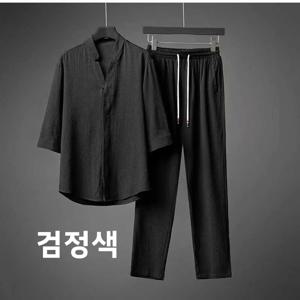 초박형 아이스 실크 린넨 세트 남성 여름 루즈핏 반팔 티셔츠 면 린넨 통기성 투피스 캐주얼 스포츠웨어