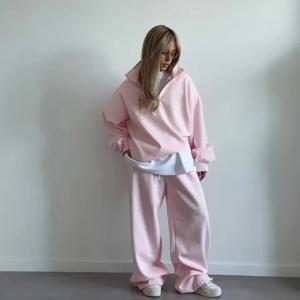 패션 하프 오픈 칼라 긴팔 풀오버 스웨트셔츠 & 트라우저 캐주얼 슈트 오버사이즈 레이스업 스웨트팬츠 투피스 여성