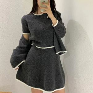 한국 스타일 긴팔 오픈 가디건 반팔 니트 스웨터 베이스 스커트 3종 세트 여성 패션 출퇴근 스타일