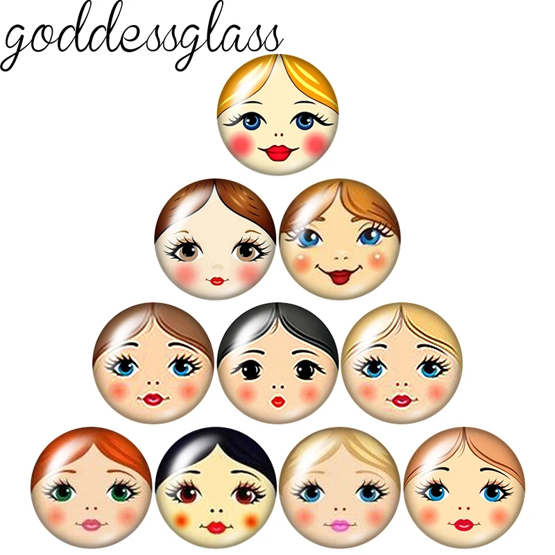 마트료시카 인형 얼굴 러시아 소녀 인형 10pcs 혼합 12mm/18mm/20mm/25mm 라운드 사진 유리 카보숑 데모 플랫 백 결과 만들기