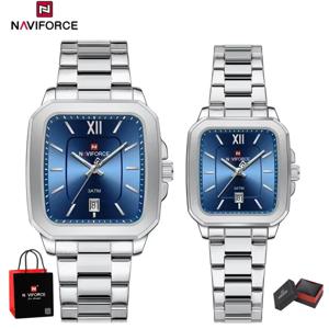 NAVIFORCE 남자 쿼츠 시계 착용 방지 스테인레스 스트랩 커플 시계 캐주얼 패션 여성 스퀘어 시계 다이얼 패키지 선물