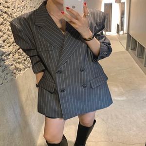우아한 스트라이프 루즈핏 패셔너블 수트 재킷 벨트 포함 홍콩 스타일 레트로 시크 탑 여성 비즈니스 캐주얼 아우터웨어