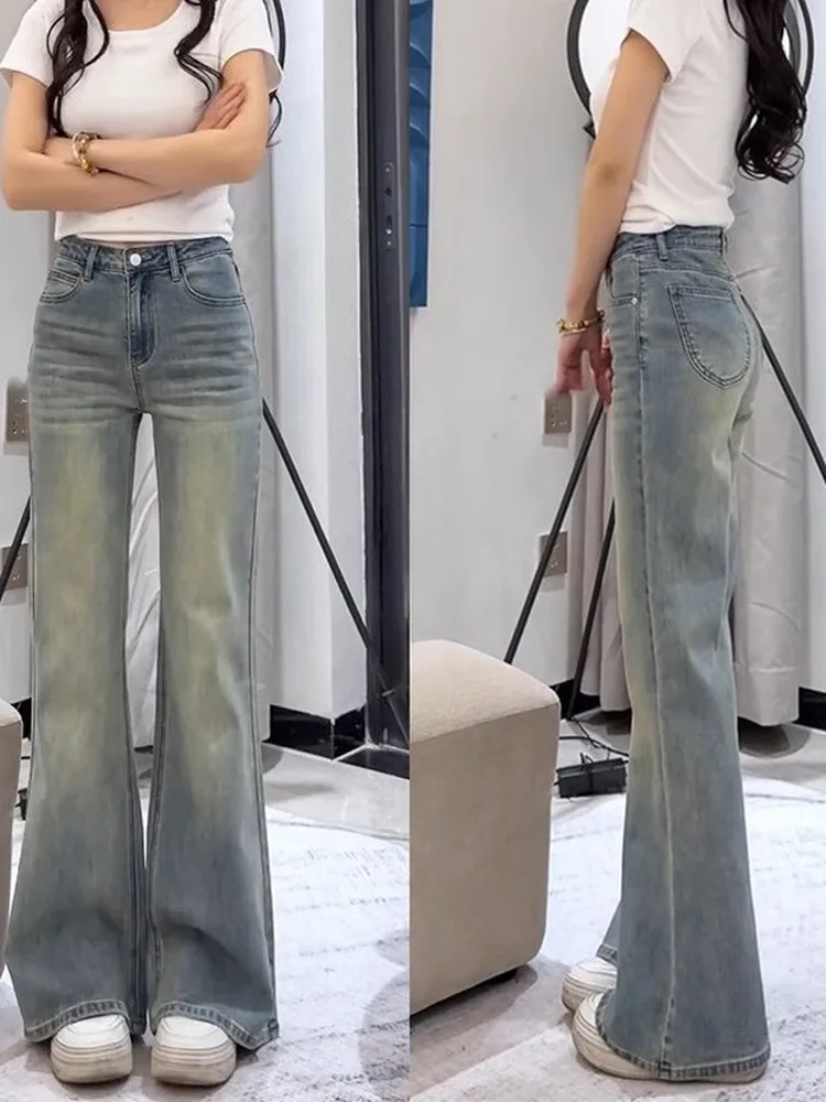 레트로 워싱 슬리밍 하이웨이스트 벨보텀 청바지 여성용 봄 신상 큰 사이즈 배형 체형 플레어 팬츠 캐주얼 코튼 스트레치 데님