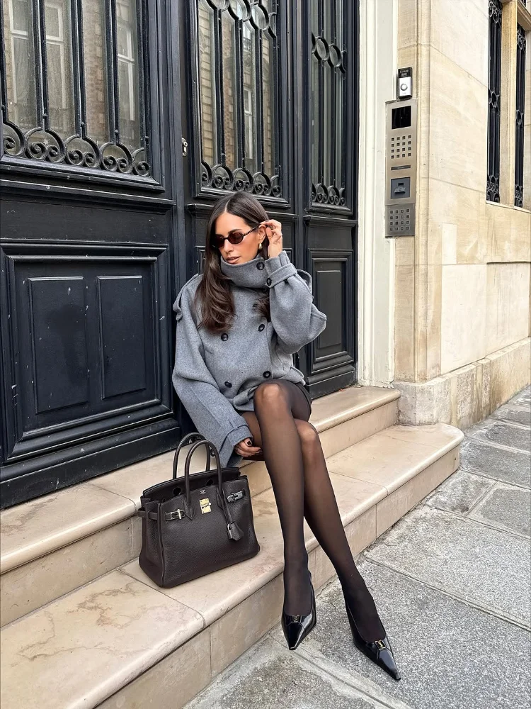 여성용 회색 터틀넥 울 크롭 코트 시크한 하이 칼라 더블 브레스티드 포켓 레이스업 숏 오버코트 데일리 스트리트 코트