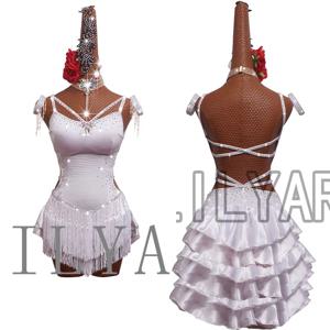 새로운 라틴 경쟁 공연 성인 맞춤 어린이 보라색 술 백리스 댄스 스커트 흰색 주름 치마