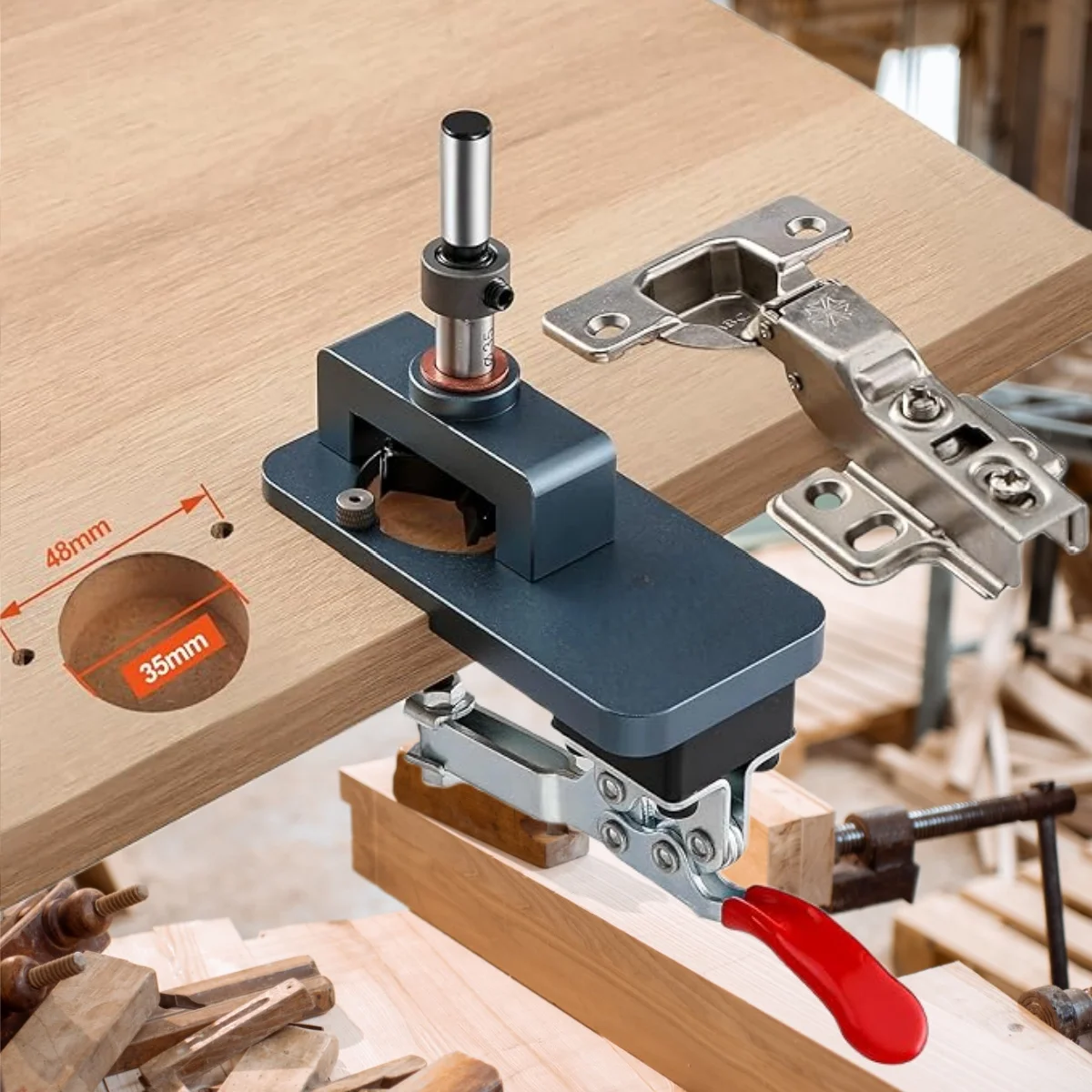 35mm 힌지 지그 - 조정 가능한 엣지 및 퀵 클램프가 있는 정밀 보링 가이드 - 캐비닛, 가구 DIY용 경화 드릴 비트