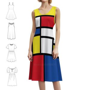 몬드리안 미니멀리스트 아방가르드 스타일 모던 아트 보헤미안 민소매 드레스 멀티 프린트 비치 휴가 파티 드레스 예술적
