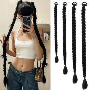 합성 롱 박스 스트레이트 브레이드 헤어 익스텐션 포니테일 탄성 고무 밴드 클립인 블랙 헤어피스 여성용 데일리
