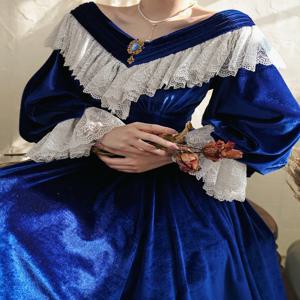 티이하일리 가을 코듀로이 레이스 여성 블루 드레스 긴팔 롱 미디 드레스 여성용 S-XL 빈티지 하이웨이스트 블루 딥 V넥