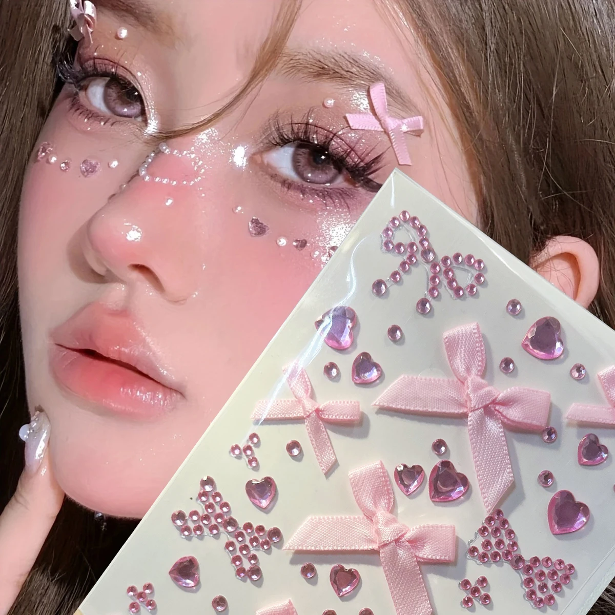 핑크 & 레드 리본 글리터 스테레오 젬 스티커 메이크업 크리스마스 휴일 파티 Y2K 뮤직 페스티벌 DIY 눈 얼굴 보석 스티커 1개